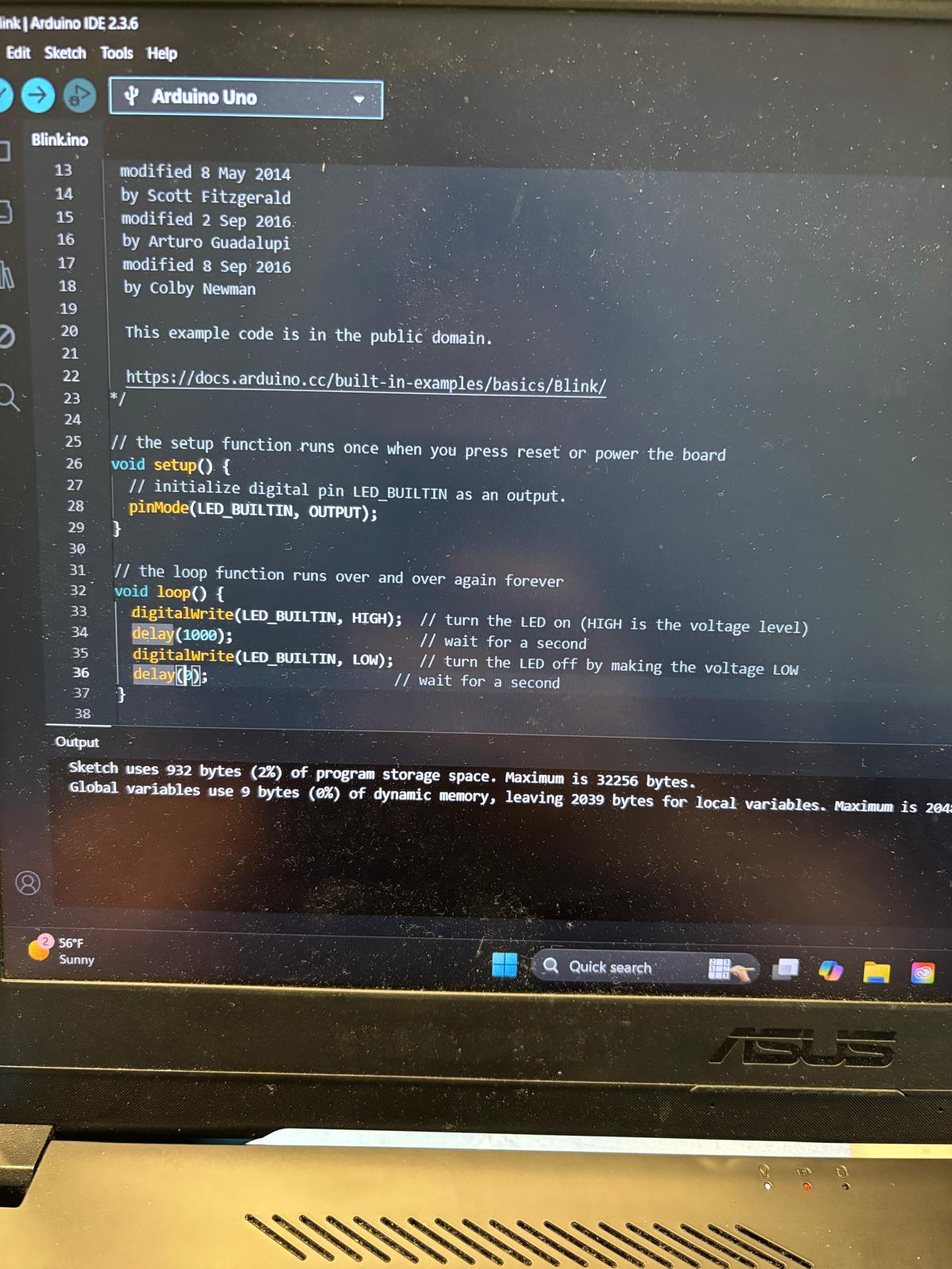 The code for 'Blink' in Arduino IDE